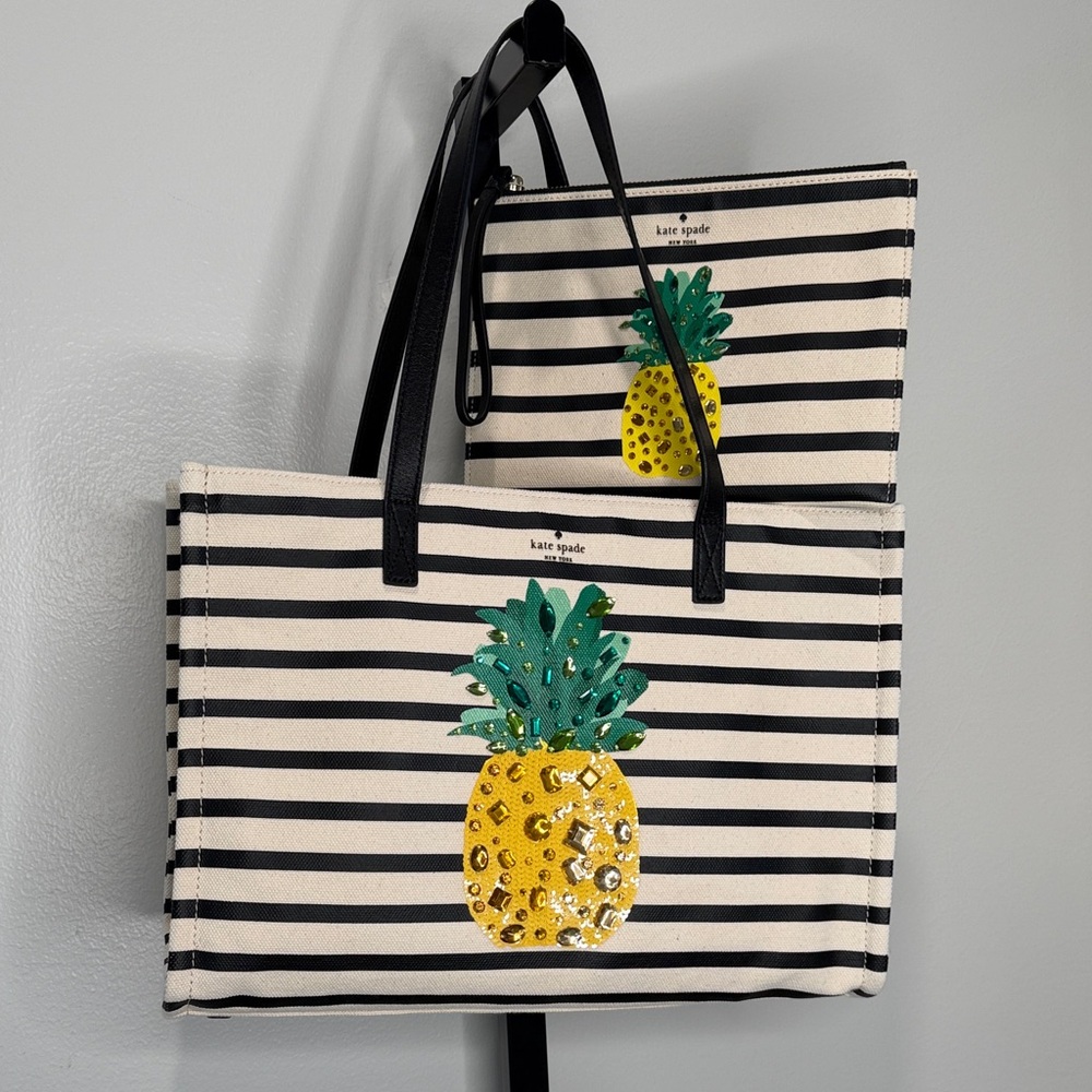 Kate Spade New York By The Pool Pineapple Embellished Canvas Tote and Wristlet
